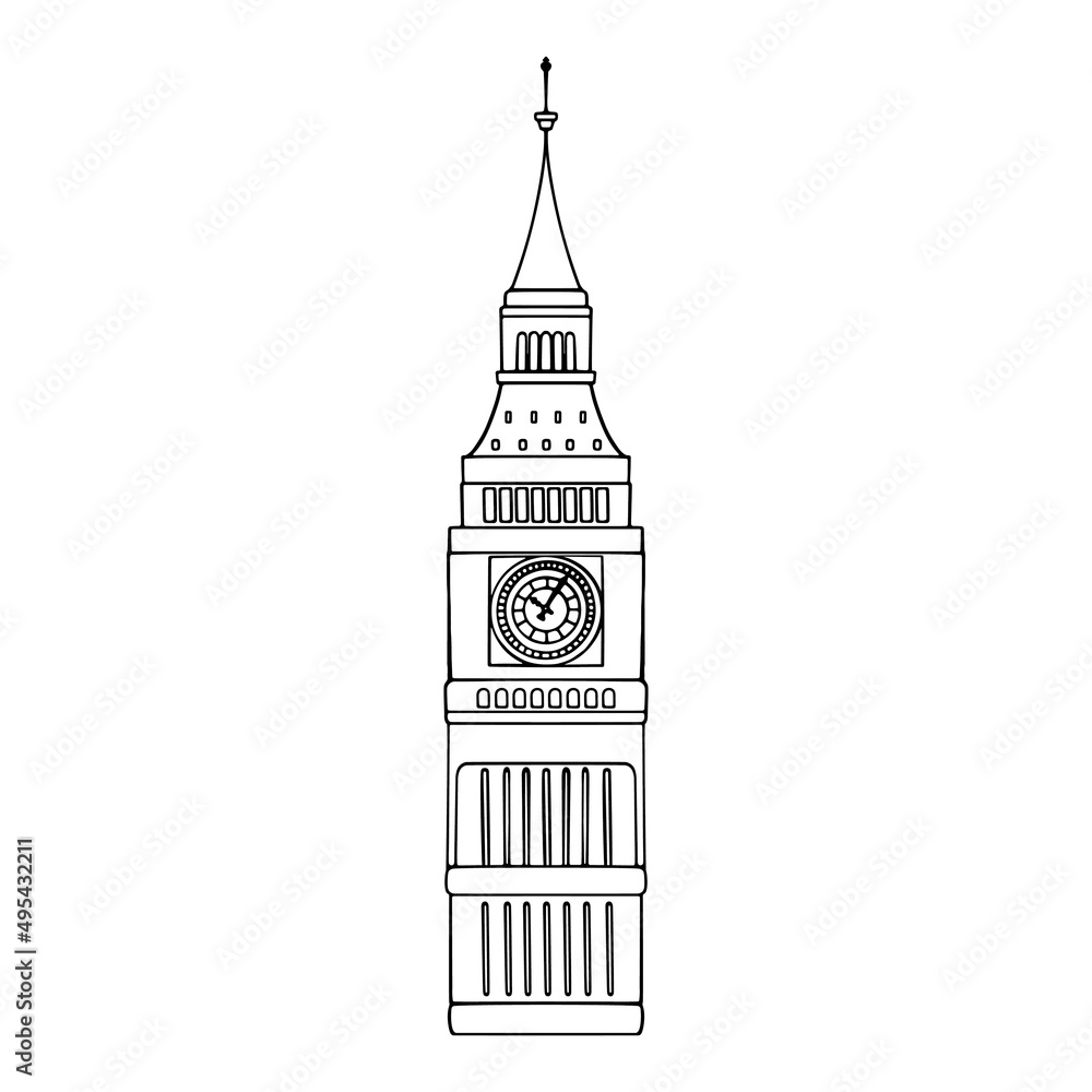 vector doodle drawing of Big Ben. sights, symbols of England. World famous landmark London