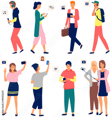Global data sharing data concept vector illustration of young people using mobile smartphone to share posts and news in social networks. Man and woman holds smart phone to make repost of video news
