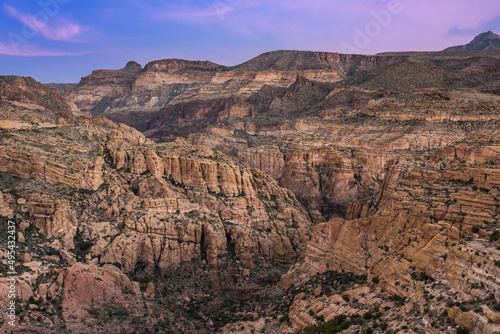 Spring landscape of the Superstition Wilderness Area at twilight, Apache Trail, Tonto National Forest, Arizona, USA