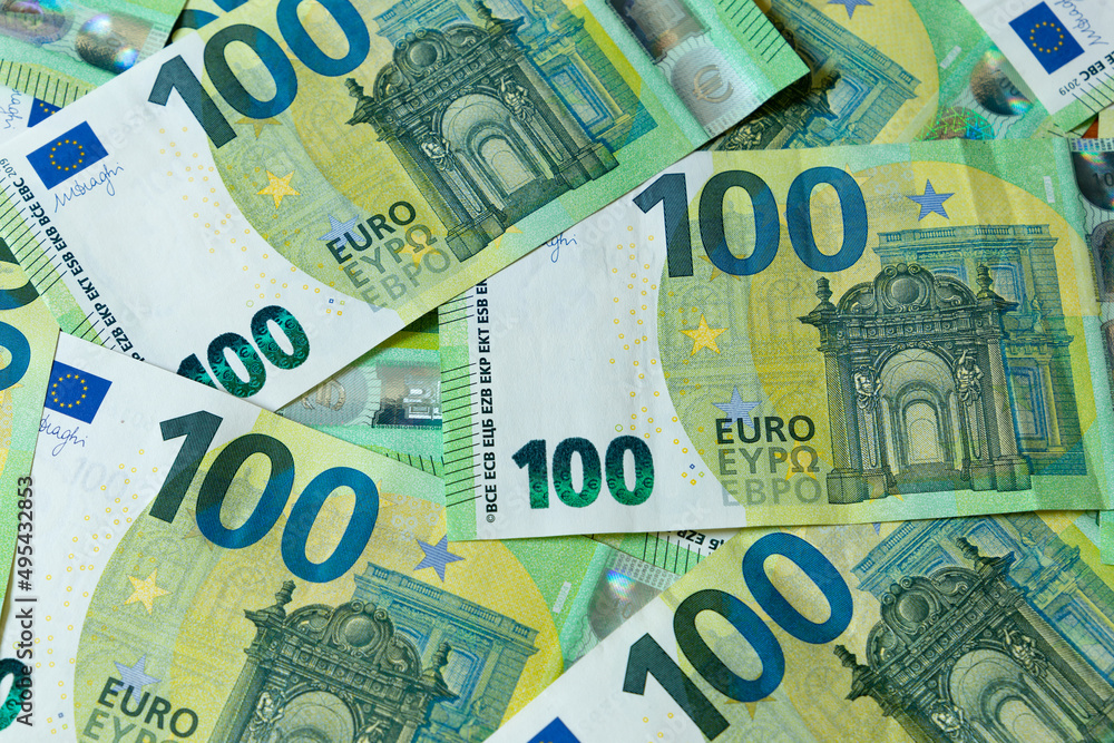 Banknotes of 100 hundred Euros. European currency. Banknotes of 100 hundred Euros. European currency.