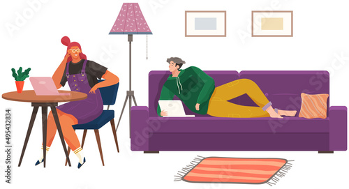 Young man and woman are sitting on couch at home after work. Daily family life, common rest, spending time together in apartment. Couple discussing movie on computer, communicating about future plans