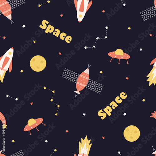 Seamless Pattern Cosmos doodle is a set of vector illustrations. Icons of space elements rocket cosmonaut stars satellite telescope comet.