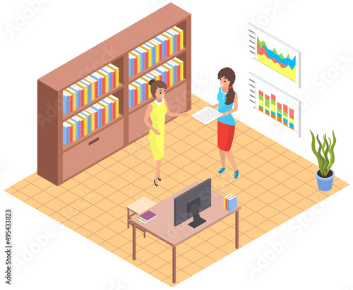 Business women communicating in office discuss statistics financial tables and graphs. Financial accounting concept. Organization process, analytics, research, planning, report, market analysis © robu_s