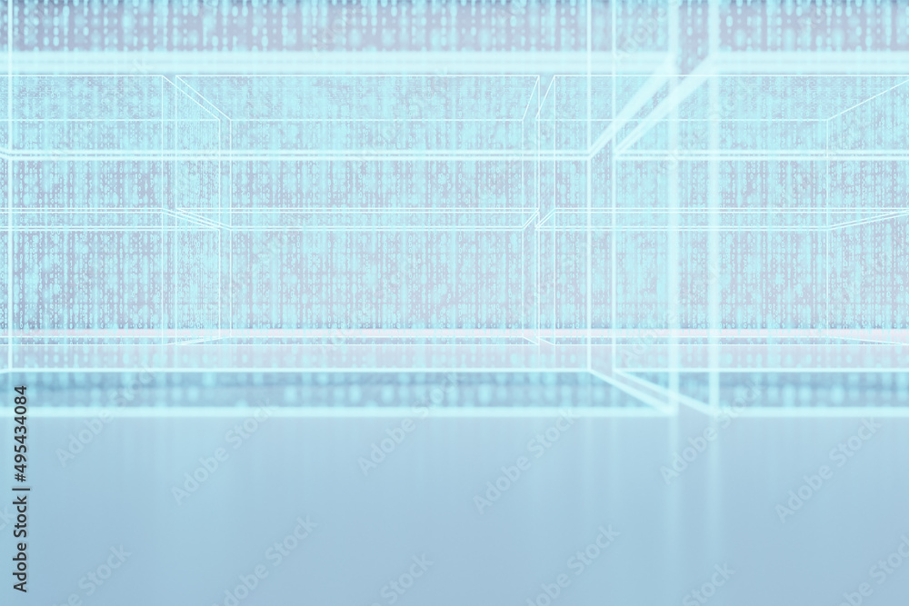 Fototapeta premium Creative glowing cyber binary code room. Technology and matrix concept. 3D Rendering.