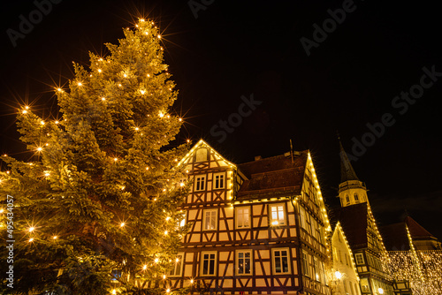 Christmas tree with half-timbered house and church in Germany