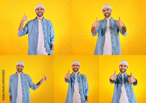 Collage. Handsome man in jeans on yellow background showing emotions. Various of Like sign.