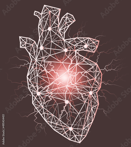Anatomical human heart with painful area. Innovative technology in medicine, disease diagnostics concept. Organ of human cardiovascular system. Modern depiction of poligonal heart vector illustration