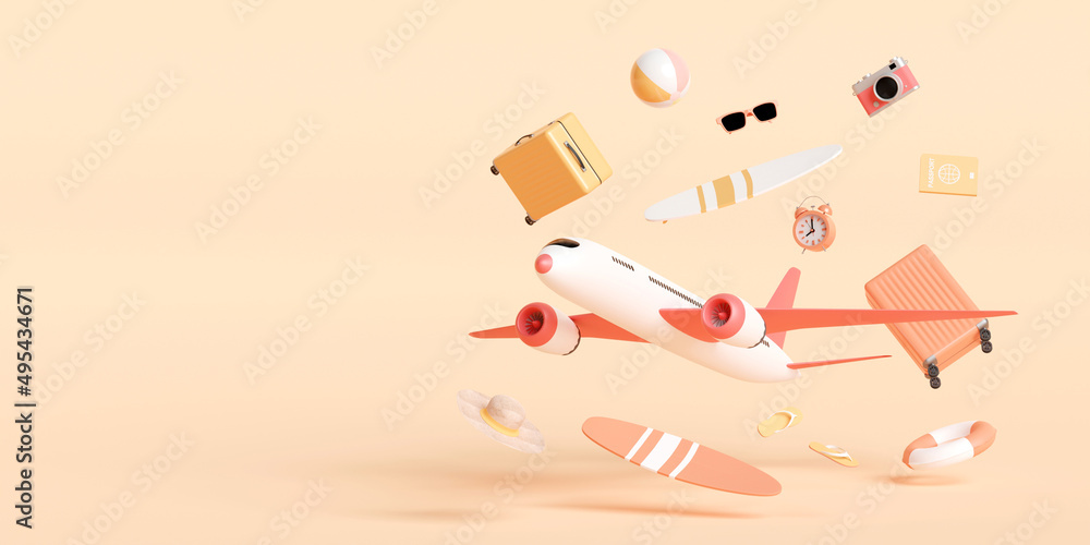 Summer vacation concept, Travel by airplane carrying travel accessories, 3d illustration