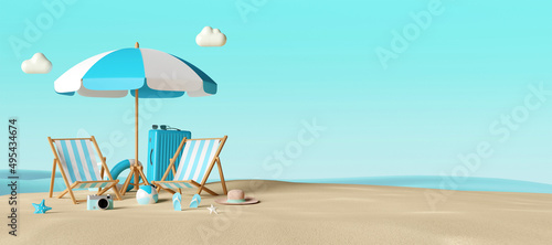 Summer vacation concept, Banner of beach chairs and accessories on the beach,3d illustration