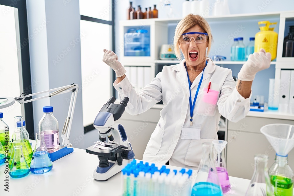 Middle age blonde woman working at scientist laboratory crazy and mad shouting and yelling with aggressive expression and arms raised. frustration concept. Middle age blonde woman working at scientist laboratory crazy and mad shouting and yelling with aggressive expression and arms raised. frustration concept.