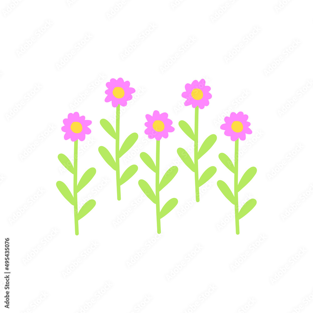 Group of abstract pink flowers on leafy stems. Flower row or garden bed. Flat vector illustration isolated on white.