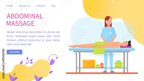 Masseuse working with back of client in spa salon. Heath and body treatment concept. Therapy and relaxation massage, cosmetic procedure performed by specialist. Medical back massage website template