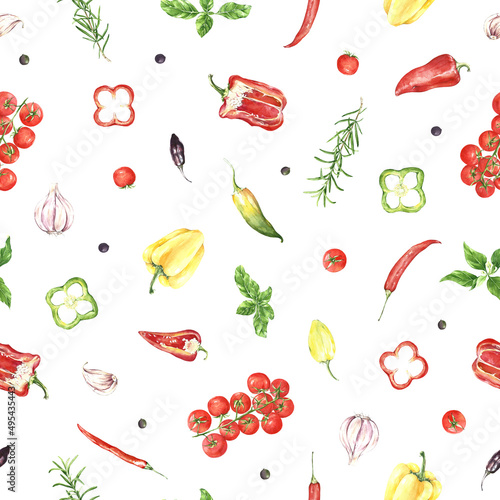 watercolor pattern vegetables pepper, aromatic 
herbs, tomato
