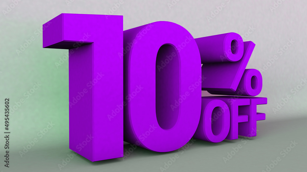 3D Illustration with text: 10 % off. Discount for big sales. Purple text color on a gray background. 3D Illustration with text: 10 % off. Discount for big sales. Purple text color on a gray background.