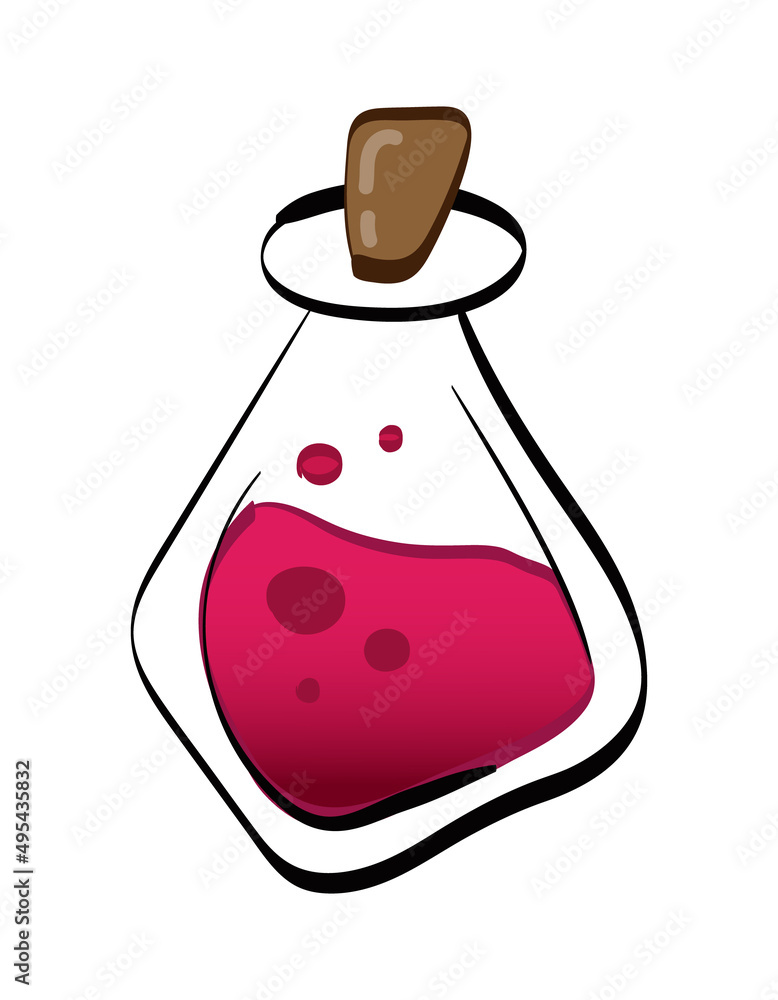 Obraz premium Liquid elixir in a bottle in cartoon style on a white background