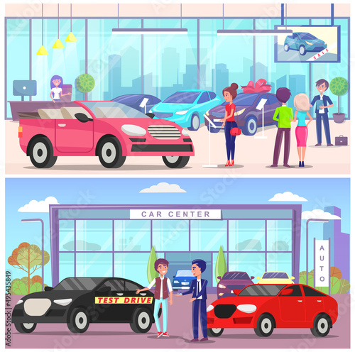 Car center, people customer buyer choosing automobile in store. Test drive of auto, auto showroom, sale of luxury transport, girl in distribution shop. Character examines transport for purchase