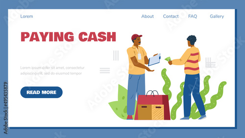 Man paying cash for order delivery, landing page template - flat vector illustration.