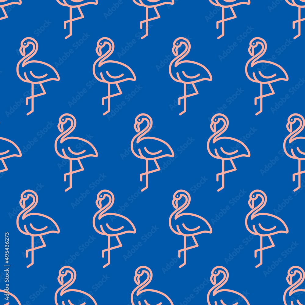 Obraz premium Pink outline flamingo seamless pattern with blue background.