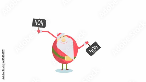 animation with merry Santa waving his hands with signs 404 on a white background. christmas internet error page