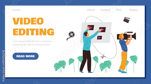 Video editing services advertising website banner flat vector illustration.