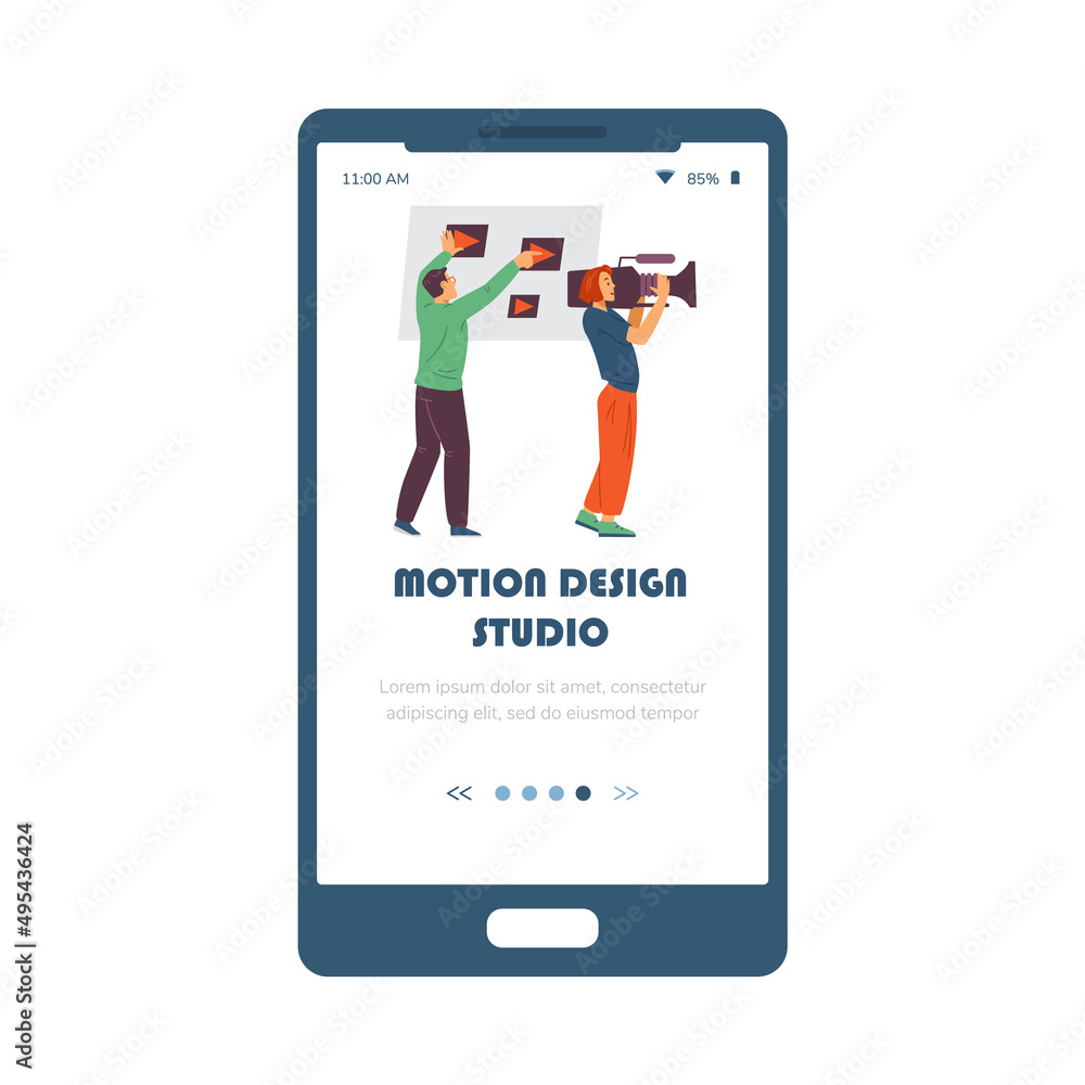 Motion design studio onboarding page of mobile app, flat vector illustration. Motion design studio onboarding page of mobile app, flat vector illustration.