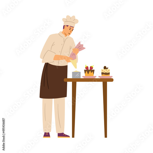 Professional confectioner male character flat vector illustration isolated.
