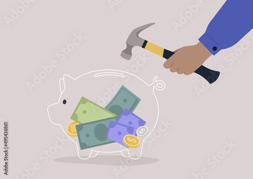 Smashing a glass piggy bank with a hammer, economical crisis, savings account