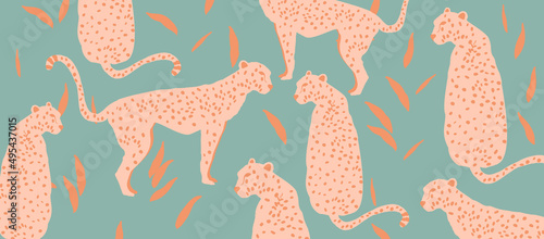 Trendy and modern wildlife pattern with leopards. Leopards and leaves vector illustration design