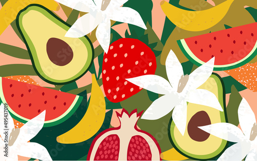 Exotic fruit poster. Summer tropical design with fruit, strawberry, pomegranate, avocado, banana and watermelon colorful mix. Healthy diet, vegan food background vector illustration	