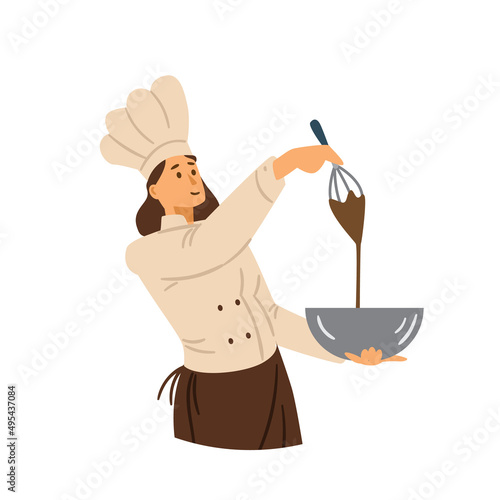 Professional confectioner whipping icing, flat vector illustration isolated.