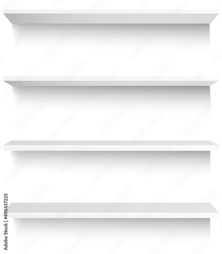 White empty supermarket retail store shelves isolated on white background vector illustration. Modern stylish wooden shelves furniture of high quality for books and decorations trade equipment White empty supermarket retail store shelves isolated on white background vector illustration. Modern stylish wooden shelves furniture of high quality for books and decorations trade equipment