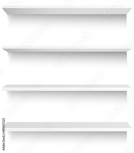 White empty supermarket retail store shelves isolated on white background vector illustration. Modern stylish wooden shelves furniture of high quality for books and decorations trade equipment