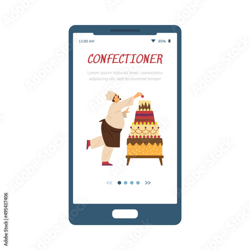 Confectionery onboarding screen with pastry-cook, flat vector illustration.