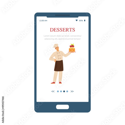Desserts app onboarding screen with pastry-cook, flat vector illustration.