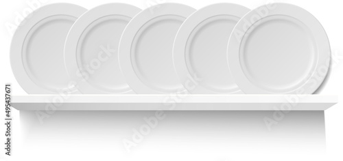 Round white plates on wooden shelf for utensil. Kitchen stuff for cooking and serving food, breakfast, lunch and dinner. Vector illustration in flat style, shelving concept on white background