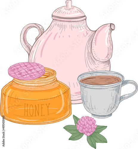 Teapot Honey and Bread Composition Colored Illustration