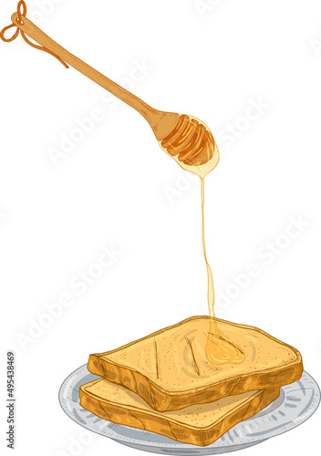 Honey Dripping from Wooden Dipper Colored Illustration