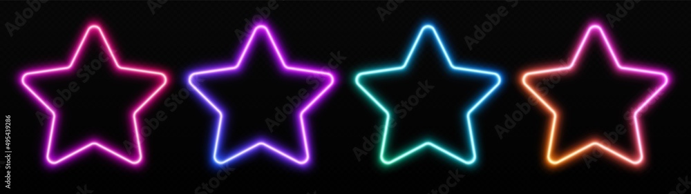 Gradient neon star frames set. Glowing borders isolated on a dark background. Colorful night banner, vector light effect. Bright illuminated shape.