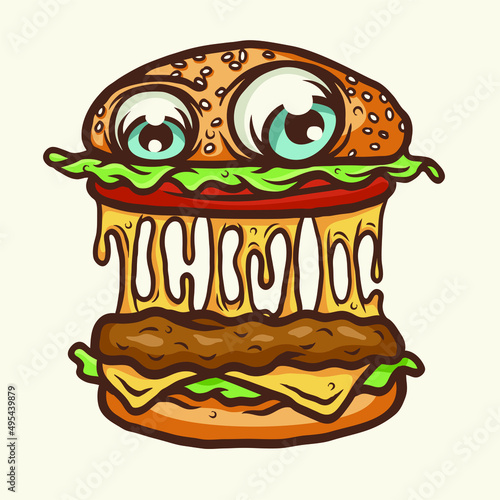 hamburger monster cartoon design vector, Design element for logo, poster, card, banner, emblem, t shirt. Vector illustration