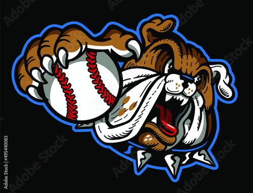 cartoon bulldog mascot holding baseball for school, college or league