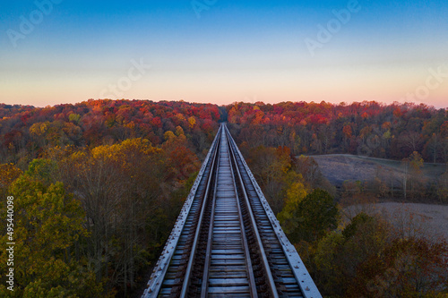 Gray metal train rail surrounded by trees photo