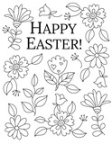 Happy Easter! Hand drawn coloring pages for kids and adults. Beautiful drawings with patterns and details. Spring coloring book pictures with blooming branches, flowers, smile, stickers, quotes
