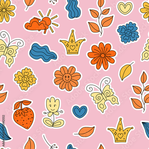 Trendy seamless pattern with Positive  Groovy  Hippie style stickers. Retro 60s  70s style. Background  wallpaper  textile design for children  kids. Cartoon pattern design. 