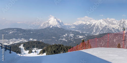 mountain winter landscape with Hohe Munde peak and Leutasch valley from Rosshutte, Seefeld, Austria © hal_pand_108