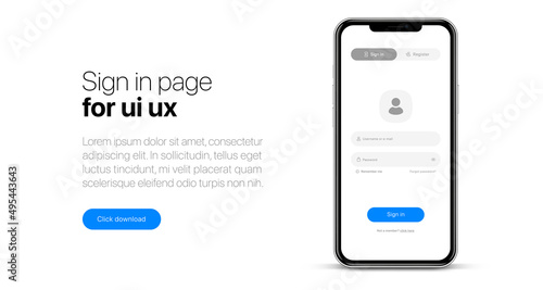 Log in screen. Sign in page. Mobile application interface, registration form with login and password fields. Website UI UX with buttons and network account sign. Vector web page mockup for smartphone.