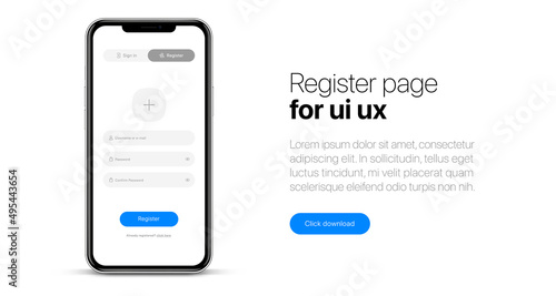 Register screen. Sign up page. Mobile application interface, registration form with login and password fields. UI UX with buttons and network account sign. Vector web page mockup for smartphone.