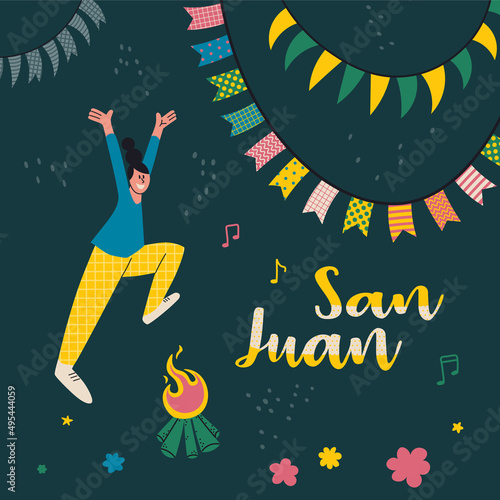 Postcard or poster design for the celebration of Saint Juan. Text in Spanish San Juan. A woman jumps over a bonfire and decorative streamers of flags. Vector