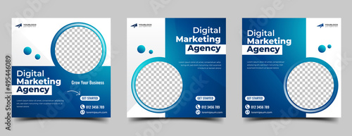 Digital marketing agency social media post template design. Modern square banner with gradient blue background color.