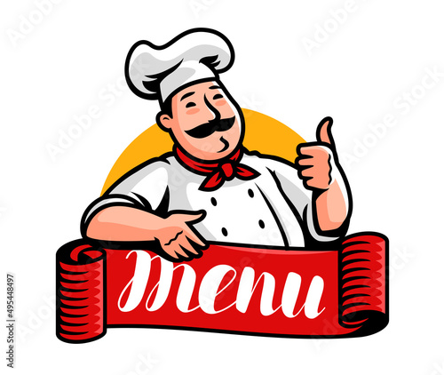 Chef logo. Emblem for restaurant or cafe menu. Cook cartoon character vector illustration