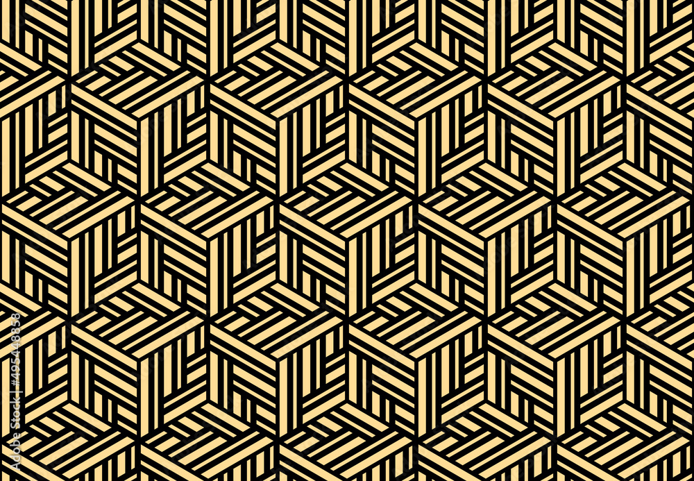 Abstract geometric pattern with stripes, lines. Seamless vector background. Gold and black ornament. Simple lattice graphic design Abstract geometric pattern with stripes, lines. Seamless vector background. Gold and black ornament. Simple lattice graphic design